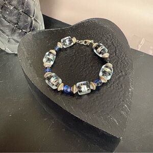 Art Glass Beaded Bracelet‎ Blue Silver Black Multicolored Lobster Clasp